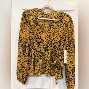 Sage & Citrus Yellow and Black Patterned PEPLUM Wrap Blouse